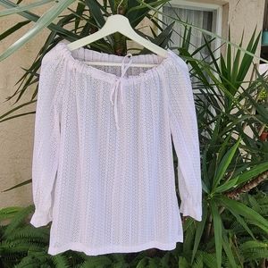 White cotton blend sheer top with 3/4 sleeve